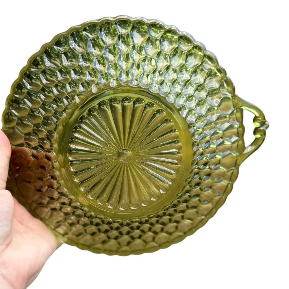 Vintage Green Pressed Glass Bowls Set of 4 Diamond Point Scalloped Edge Handles
